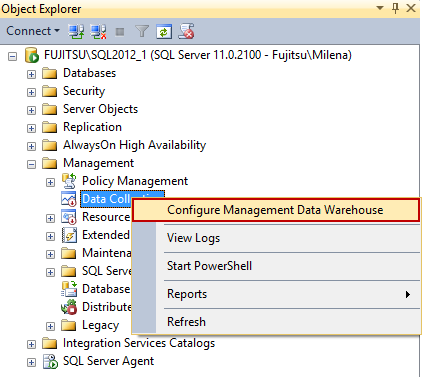 Selecting Configure Management Data Warehouse in Object Explorer