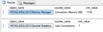 Dialog showing values of the Connection Memory and User connections