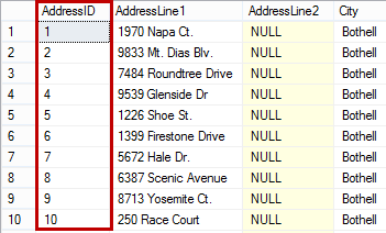 Dialog showing results ordered ascending by the clustered key column