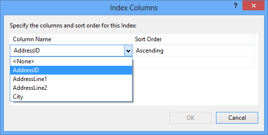 Selecting another column and sorting order in the Index columns dialog
