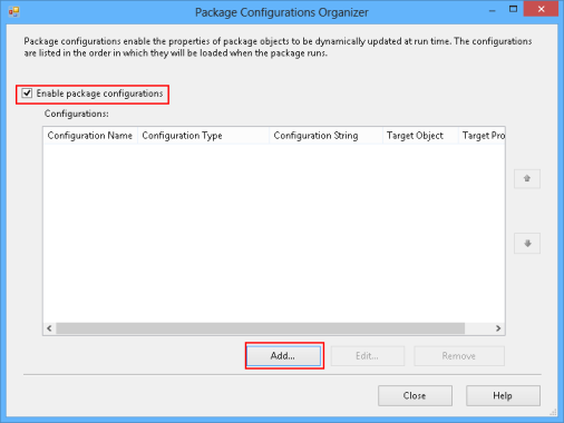 Click the Add button to create a new file using the Package Configurations Organizer
