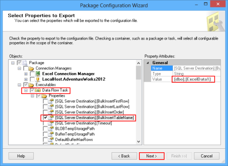 Selecting the properties for exporting using Package Configuration Wizard