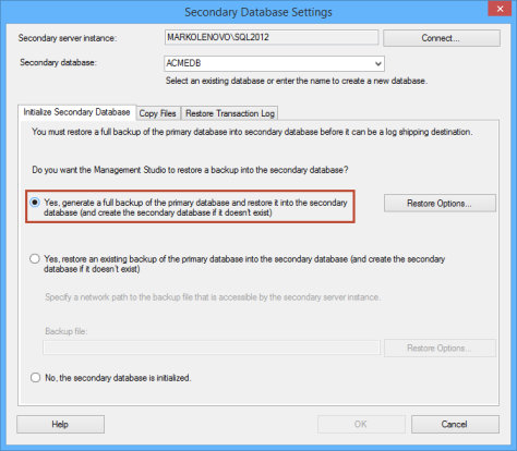 Secondary database settings dialog - choosing to generate a full backup