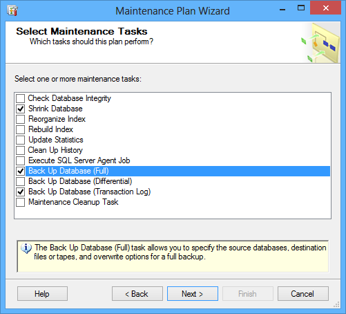 Selecting the required back up database tasks in the Select Maintenance Tasks dialog
