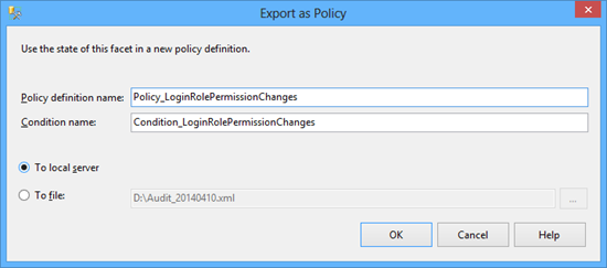Audit configuration - Export as Policy dialog