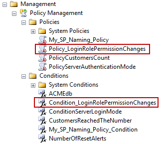 Newly created policy and condition are shown up under the appropriate Object Explorer nodes