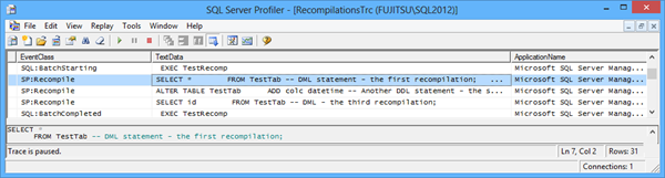 SQL Server Profiler window - stored procedure recompilations