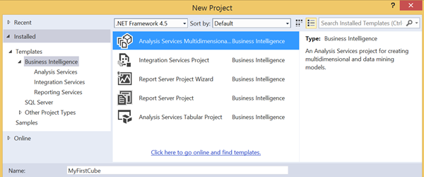 Creating a new project using SQL Server Data Tools or BIDS