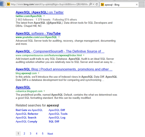Microsoft Bing search engine results regarding a search for ApexSQL
