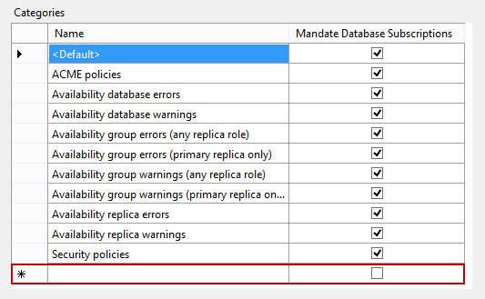 Policy Management context menu - Clicking the empty row in the Categories grid