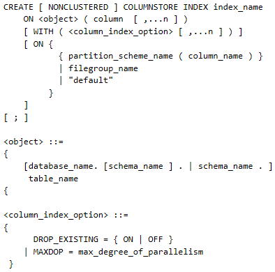 Figure showing the complete syntax for creating a SQL Server 2012 columnstore index