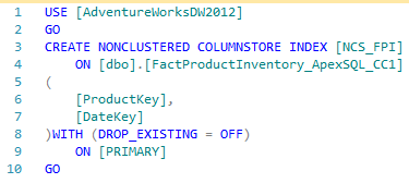 Figure showing the creation of columnstore indexes against dbo.FactProductInventory_ApexSQL_CC1 table