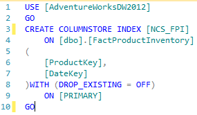 Figure 3 illustrating the creation of columnstore indexes against dbo.FactProductInventory table