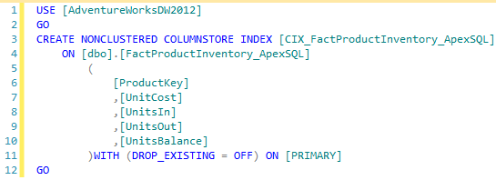 Figure showing the definition of the CIX_FactProductInventory_ApexSQL columnstore index