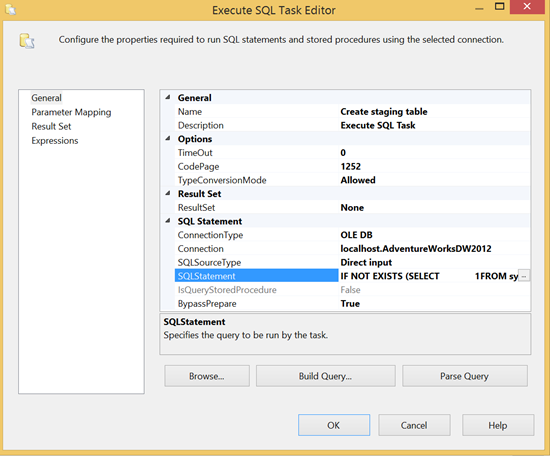 Configuring the Execute SQL task to create the staging table