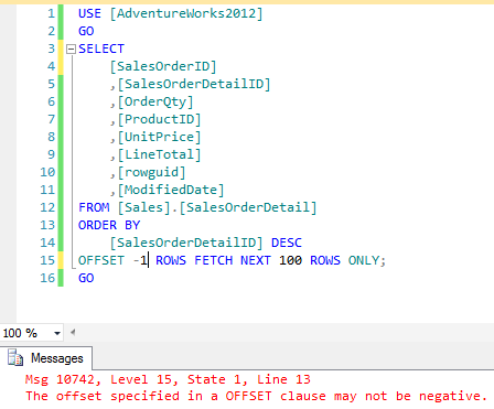 Error message thrown when incorrect integer values are provided in an OFFSET-FETCH filter