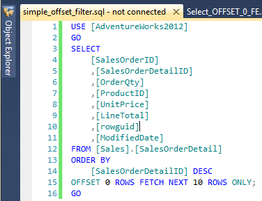 Figure showing a T-SQL query that extracts the top 10 rows off the SalesOrderDetail table