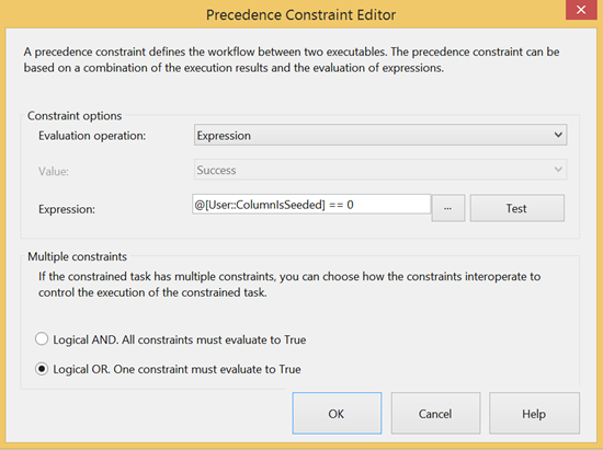 Precedence Constraint Editor window - changing the Evaluation operation from Constraint to Expression and using a custom espression