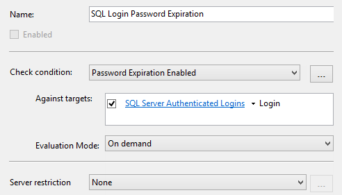 Dialog showing the target of the SQL Login Password Expiration policy