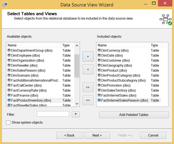 Creating a data source view - specifying which data you want to use for your cube