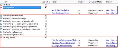 The Categories dialog showing all mandatory and optional policy categories
