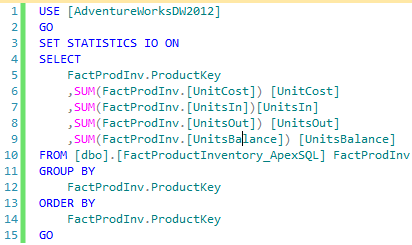 Figure showing a T-SQL query for retrieving the data to satisfy the user story against dbo.FactProductInventory_ApexSQL table