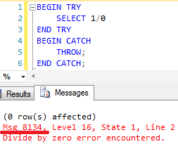 Error number 8134 is a system exception but it can be successfully re-thrown by the THROW statement