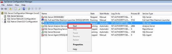 Figure showing starting a SQL Server Service