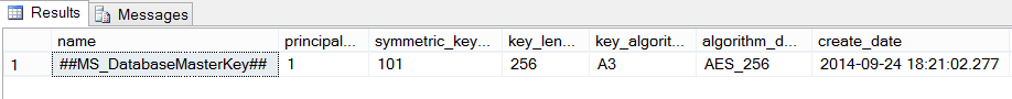 SELECT * FROM sys.symmetric_keys statement results