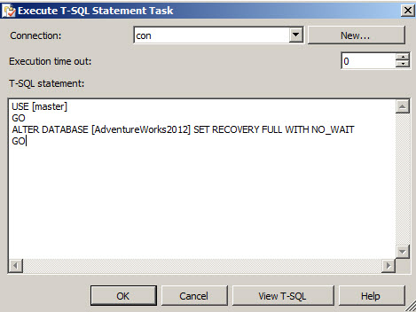 Execute T-SQL Statement Task dialog