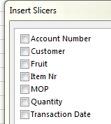 Available Excel Slicer Fields
