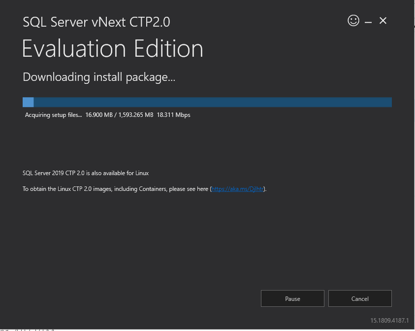 Download progress for SQL Server vNext CTP2.0 installation media