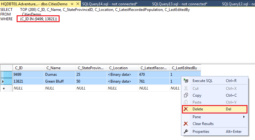 SQL delete - Select the rows and right-click the rows and choose Delete to remove the rows from the table.