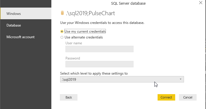 Select windows or SQL authentication in the data source