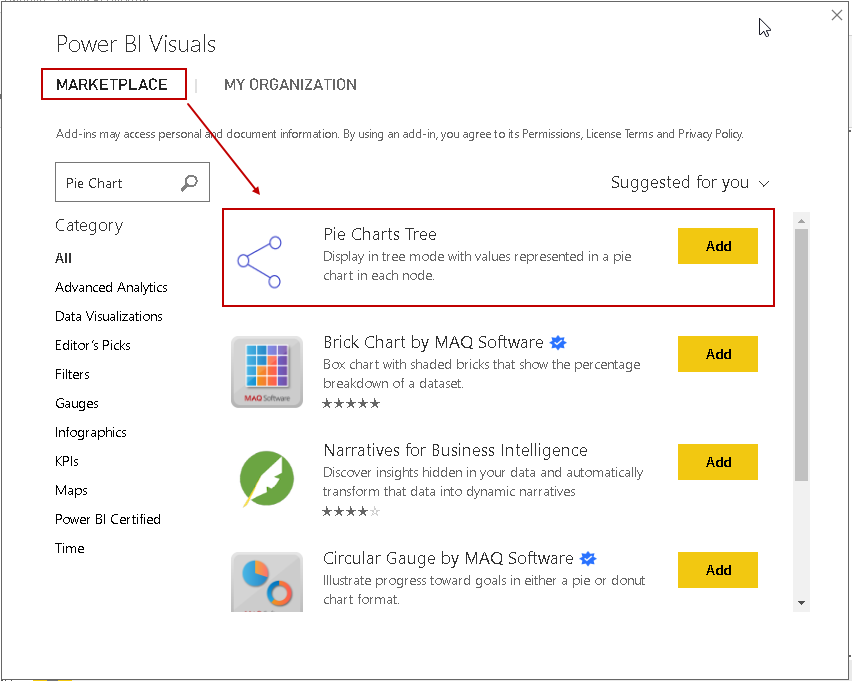 Add visuals from the Power BI Visuals market place
