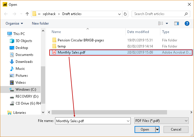 Opening the PDF to import with PowerBI