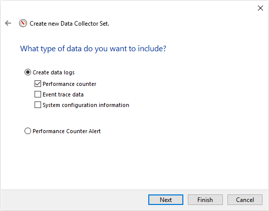 SQL Server monitoring tools interface to create a new Data collector set and specify data logs