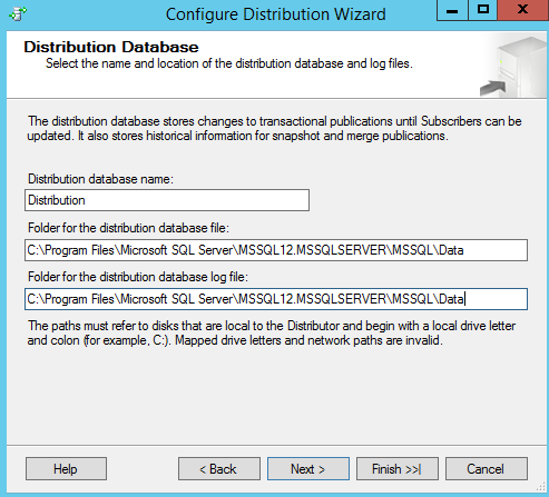 SQL Server replication - Configure distribution wizard - Distribution dtaabase