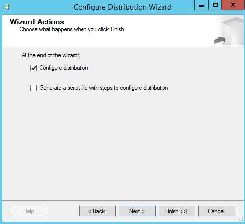 SQL Server replication - Configure distribution wizard - Wizard actions