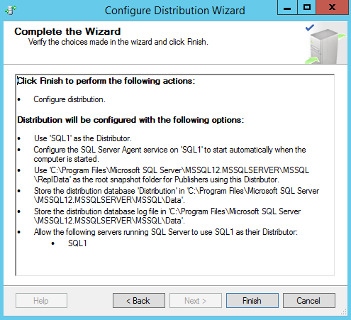 SQL Server replication - Configure distribution wizard - Complete the wizard