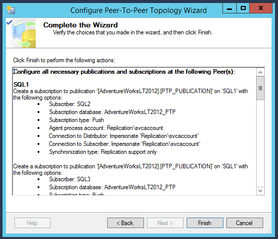 SQL Server replication - Log Reader Agent Secruity - Complete the Wizard