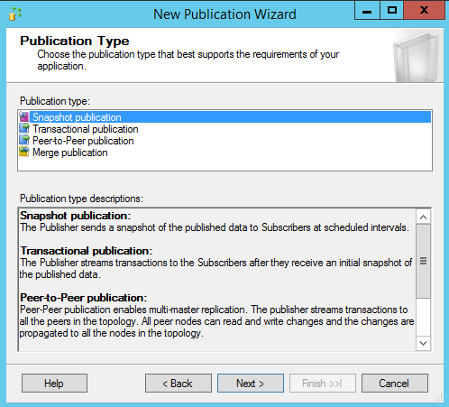 SQL Server replication - New publication wizard - Publication type