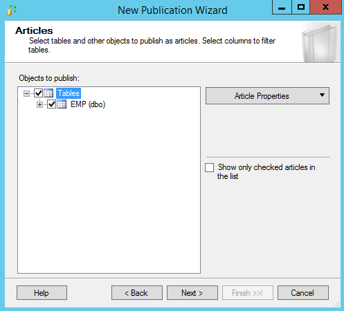 SQL Server replication - New publication wizard - Articles