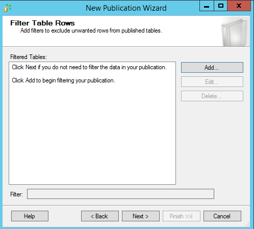 SQL Server replication - New publication wizard - Filtered tables