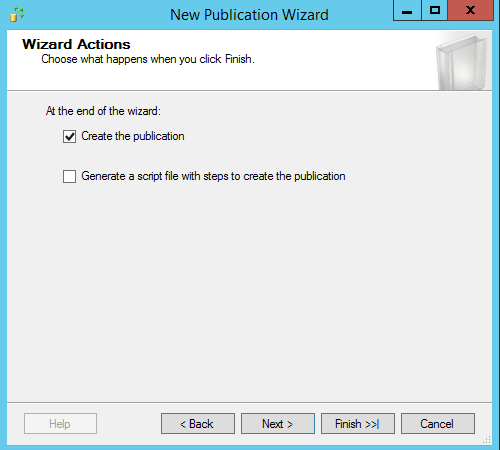 SQL Server replication - New publication wizard - Wizard actions