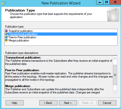 SQL Server replication - New Subscription Wizard - Publication type