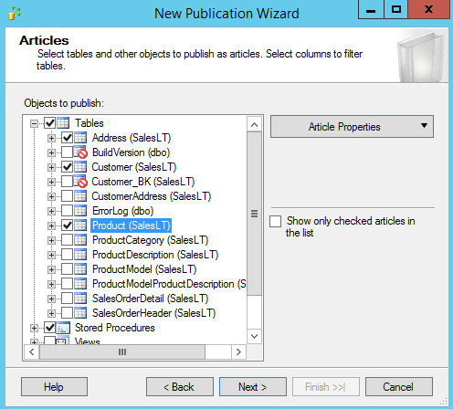 SQL Server replication - New Subscription Wizard - objects to publish