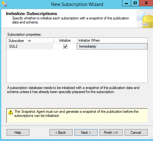SQL Server replication - New Subscription Wizard -  Initialize subscriptions