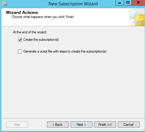 SQL Server replication - New Subscription Wizard - wizard actions