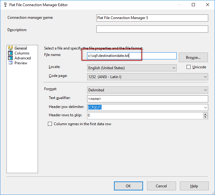 SSIS - Flat File Connection Manager Editor - File name